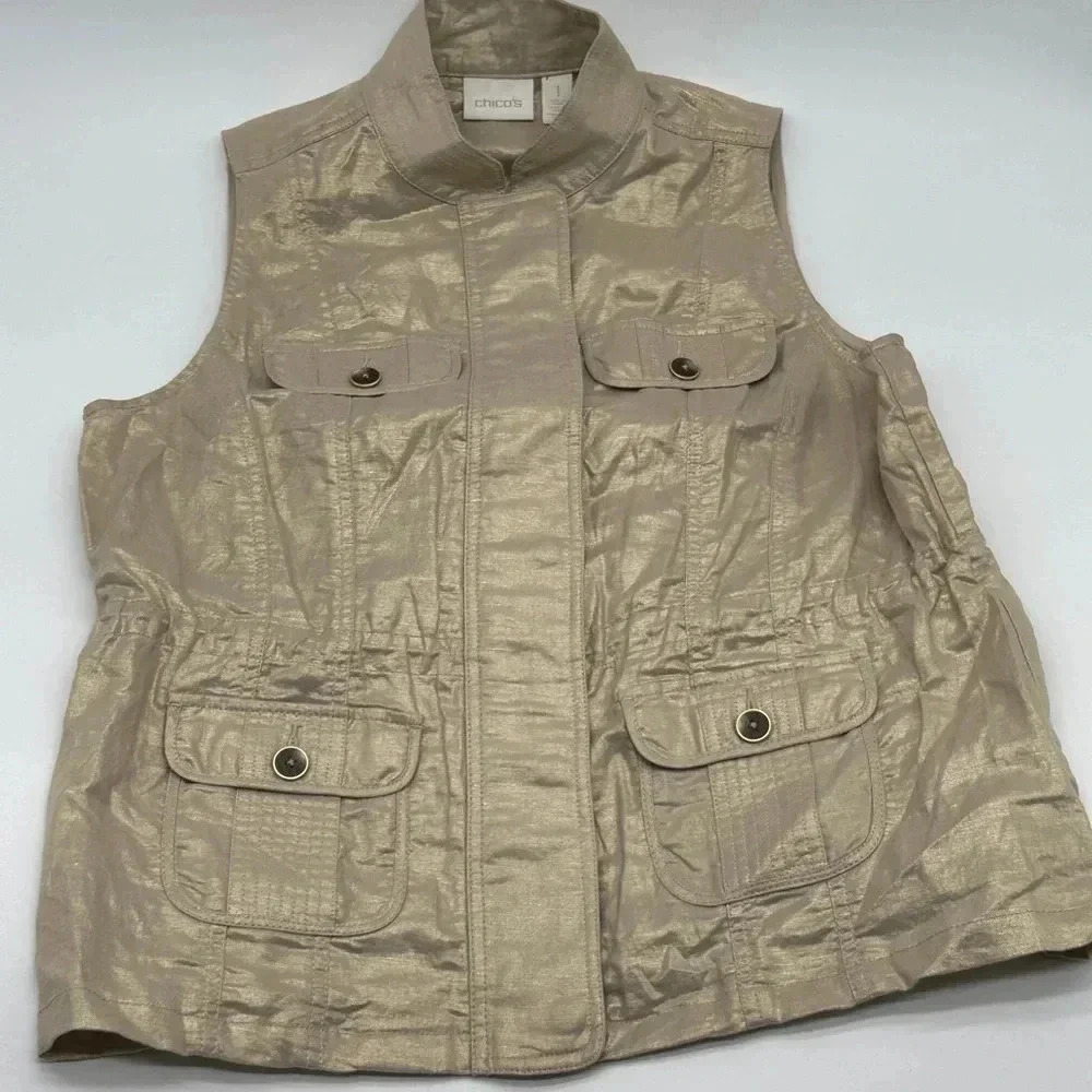 Chico's Utility Vest Womens Size 1 Gold Shine‎ 100% Linen Metallic Button Front